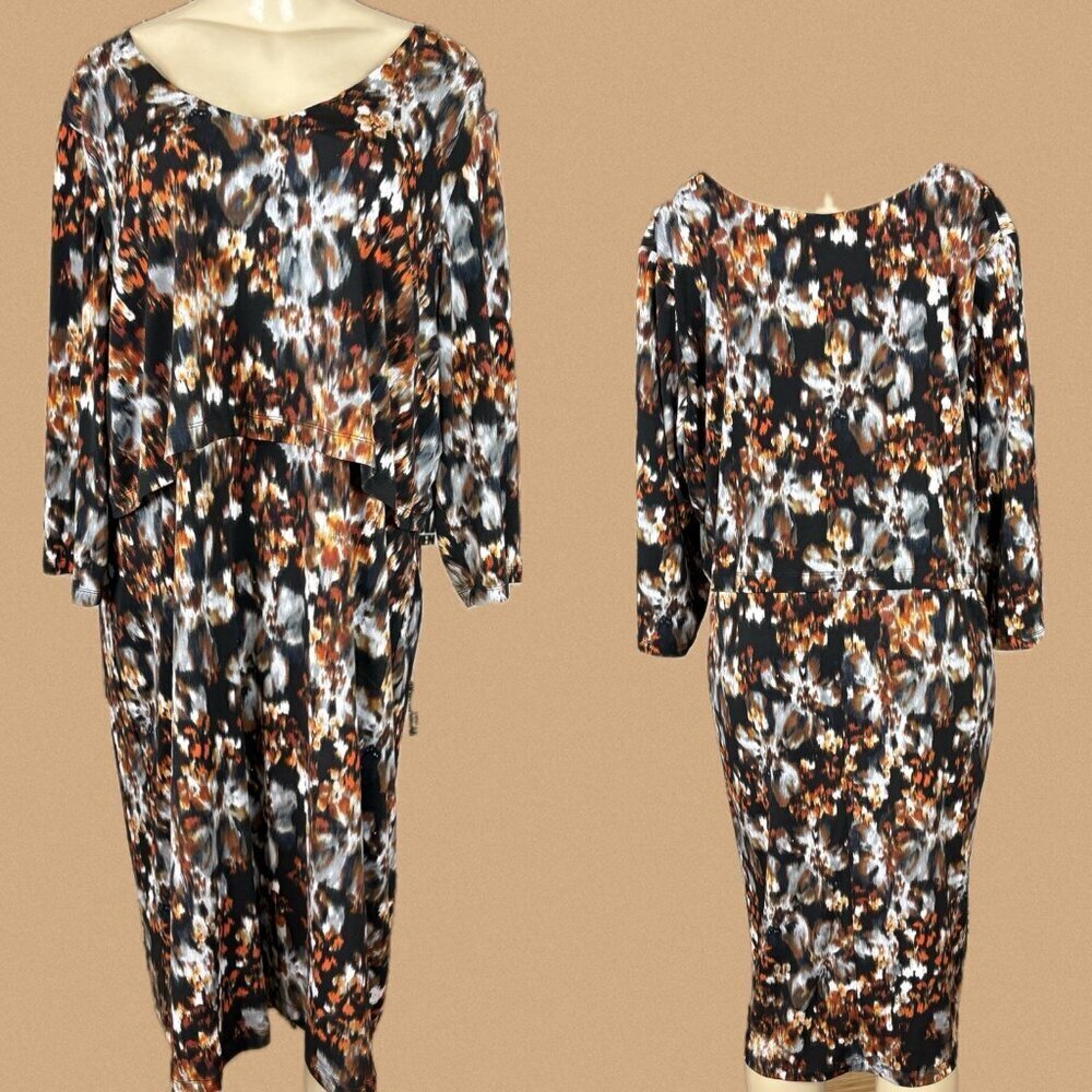 Roaman's 18W Brown-Gray Floral Layered V-Neckline 3/4 Sleeve Below Knee Dress